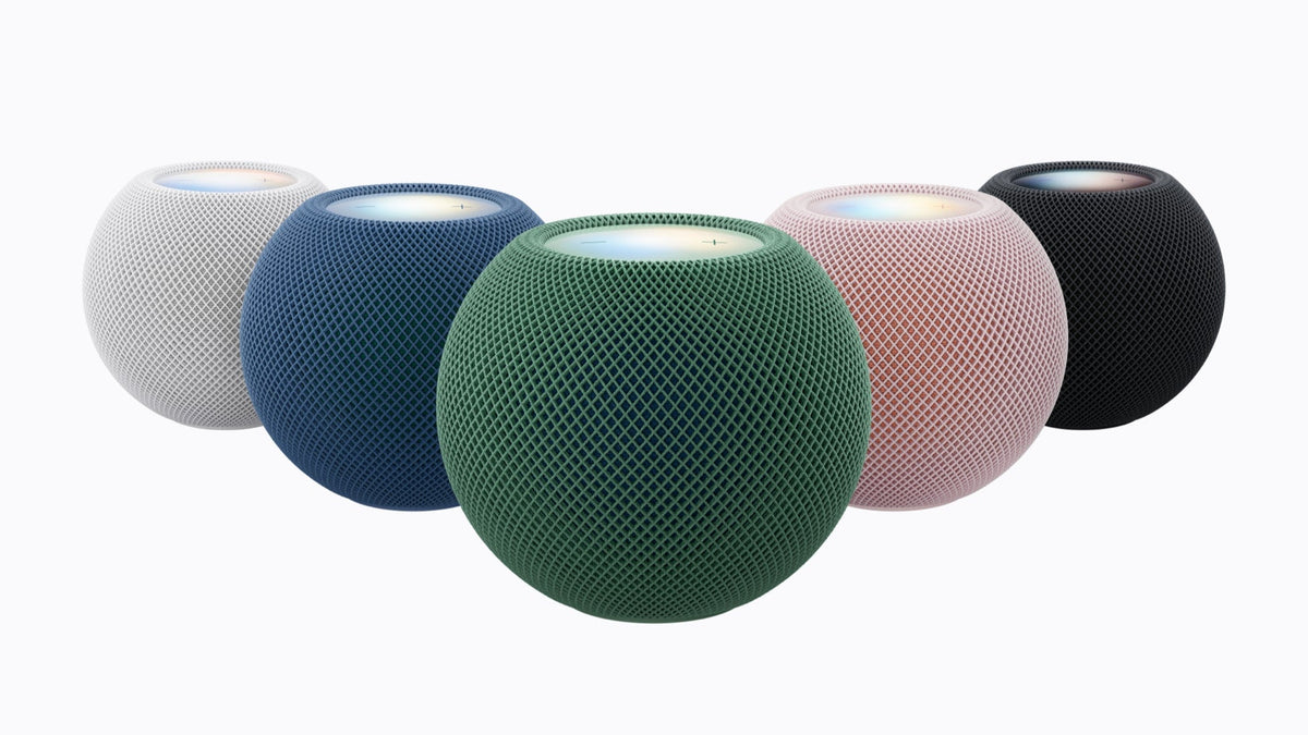 Official Apple HomePod mini 2 press photograph showing white, blue, green, pink and midnight speakers
