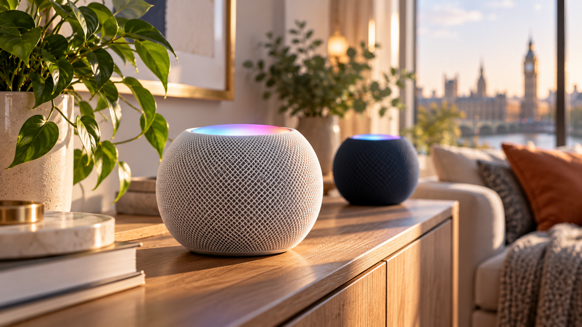 AI-generated editorial illustration of generic smart speakers; not an official Apple product image