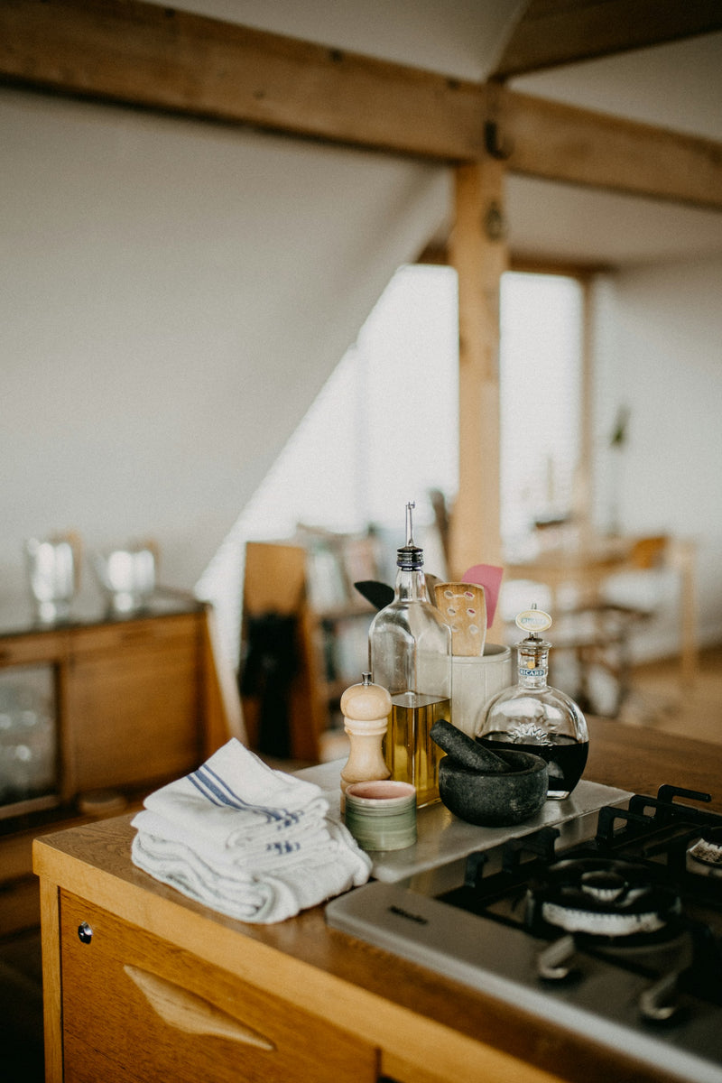 Kitchen counter with cooking ingredients and utensils