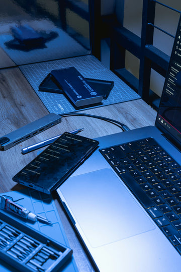 Laptop smartphone and technology tools on a modern desk