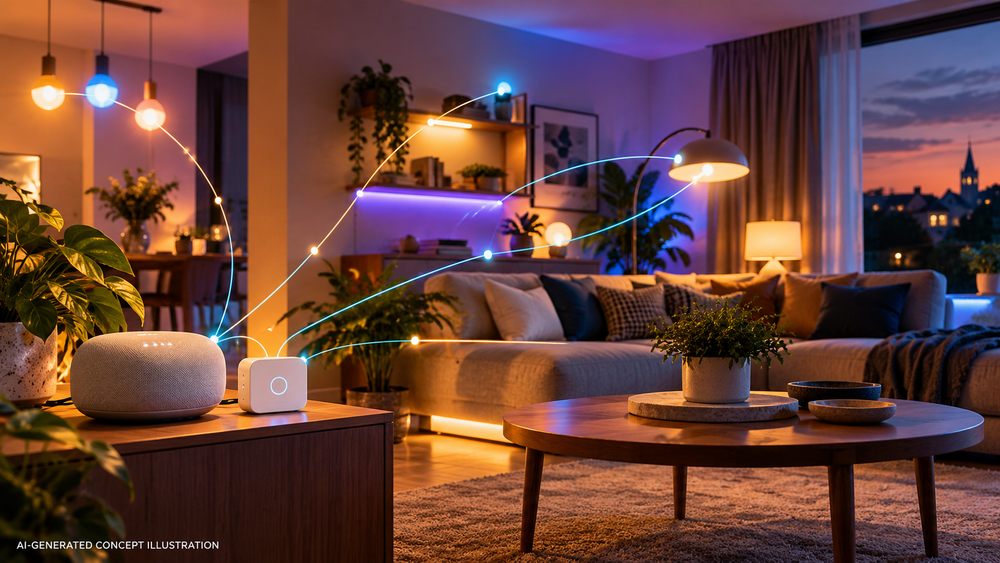 AI-generated concept illustration of a smart living room with connected lighting; not an official Philips Hue product photograph