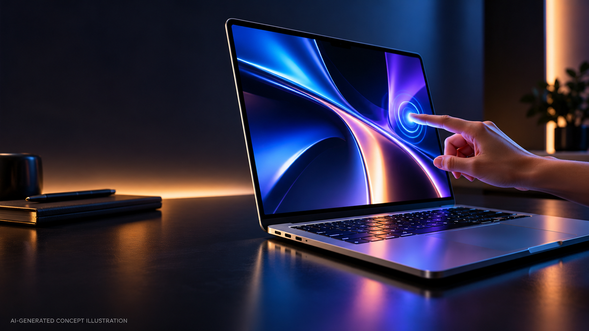AI-generated editorial concept of a person touching a laptop display; not an official Apple MacBook Pro product image