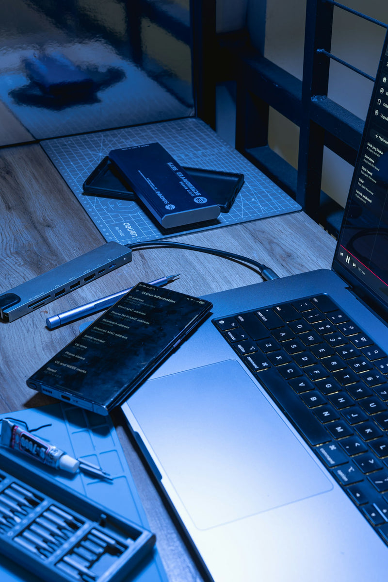 Laptop smartphone and technology tools on a modern desk