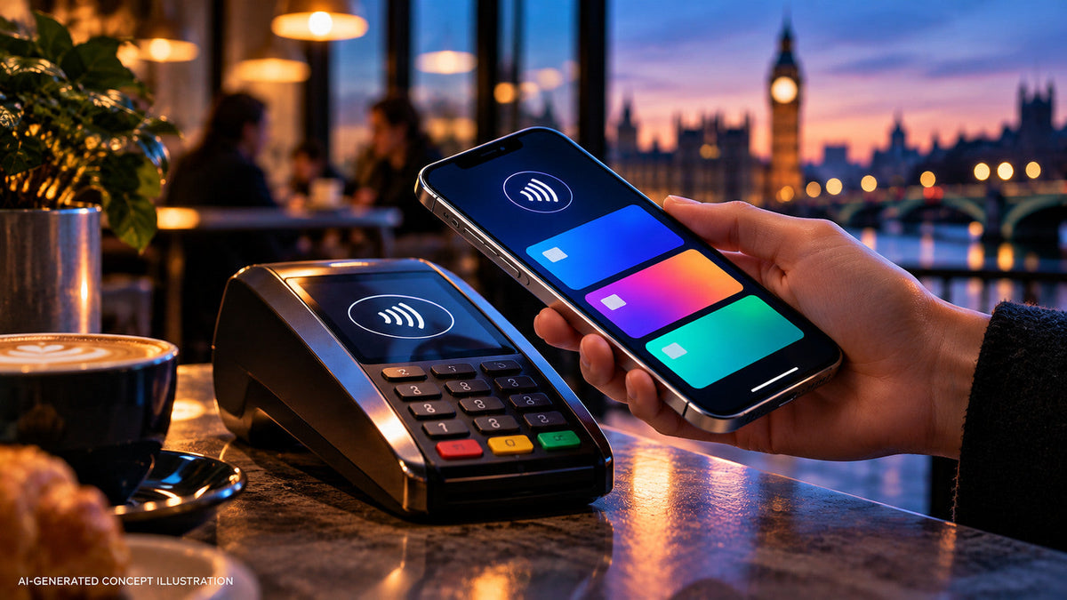 AI-generated concept illustration of a phone with alternative wallet cards at a contactless payment terminal; UK CMA proposals not yet in effect