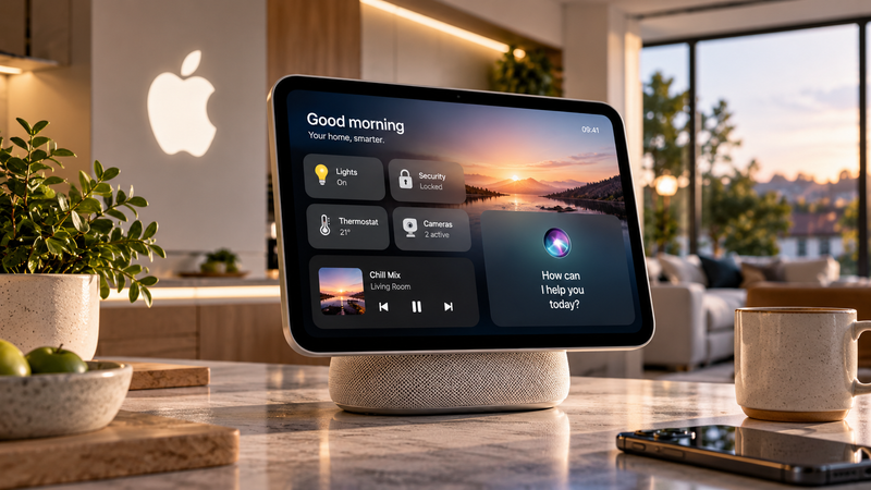 AI-generated concept illustration of a smart-home display in a modern kitchen, not an official Apple product image