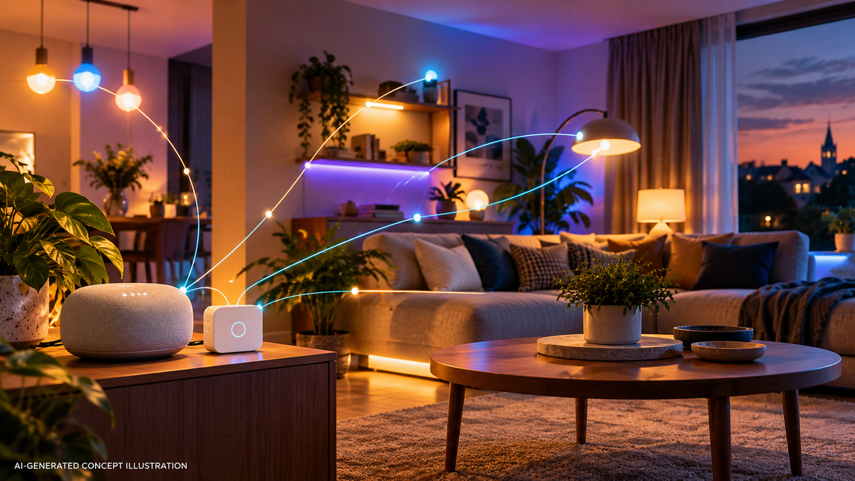 AI-generated concept illustration of a smart living room with connected lighting; not an official Philips Hue product photograph
