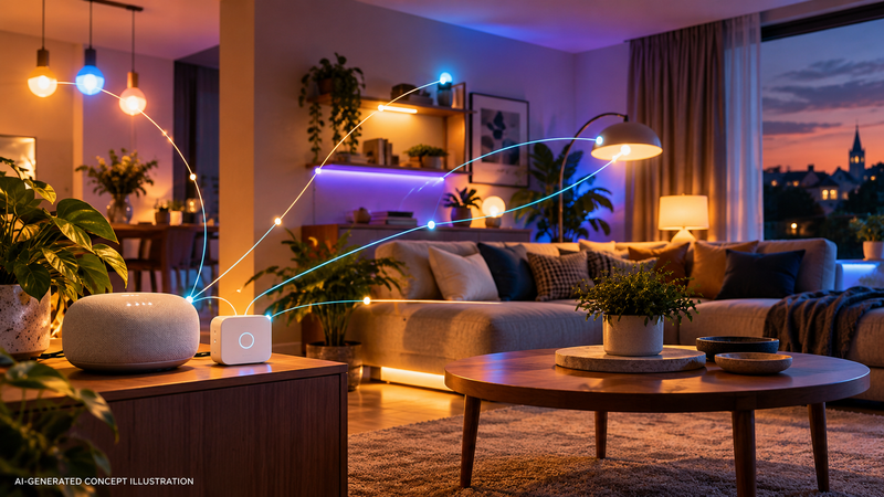 AI-generated concept illustration of a smart living room with connected lighting; not an official Philips Hue product photograph