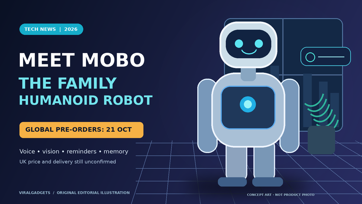 AI-generated concept illustration of a humanoid family robot in a living room; not an official Mobo product photo