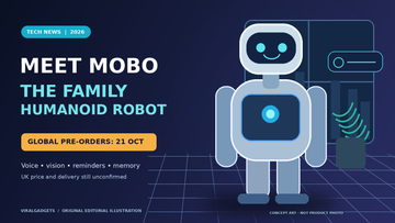 AI-generated concept illustration of a humanoid family robot in a living room; not an official Mobo product photo
